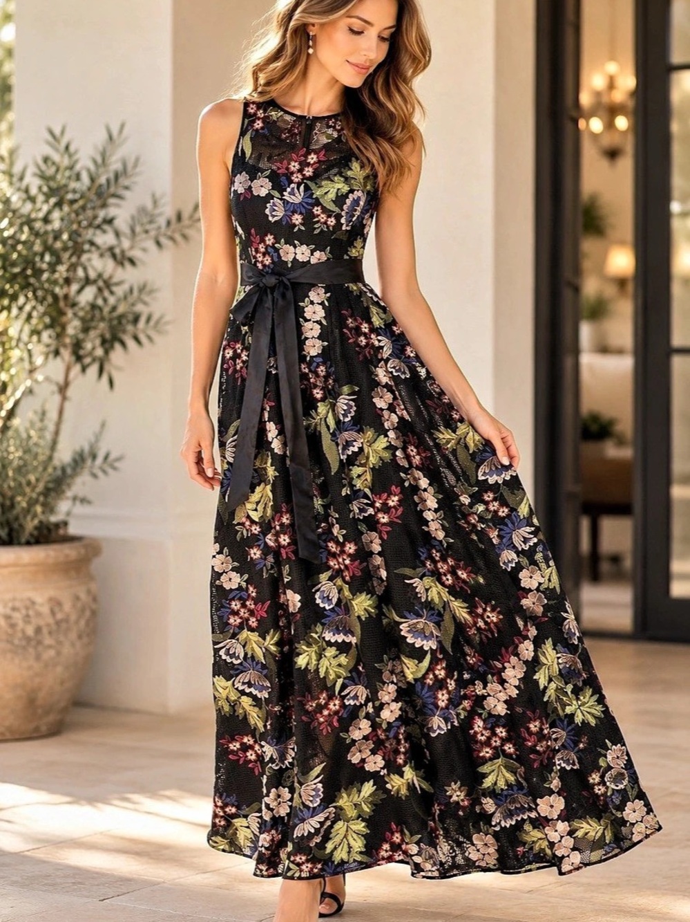 Tahari Arthur S Levine Size 12 Floral Embroidered Mesh Maxi Gown